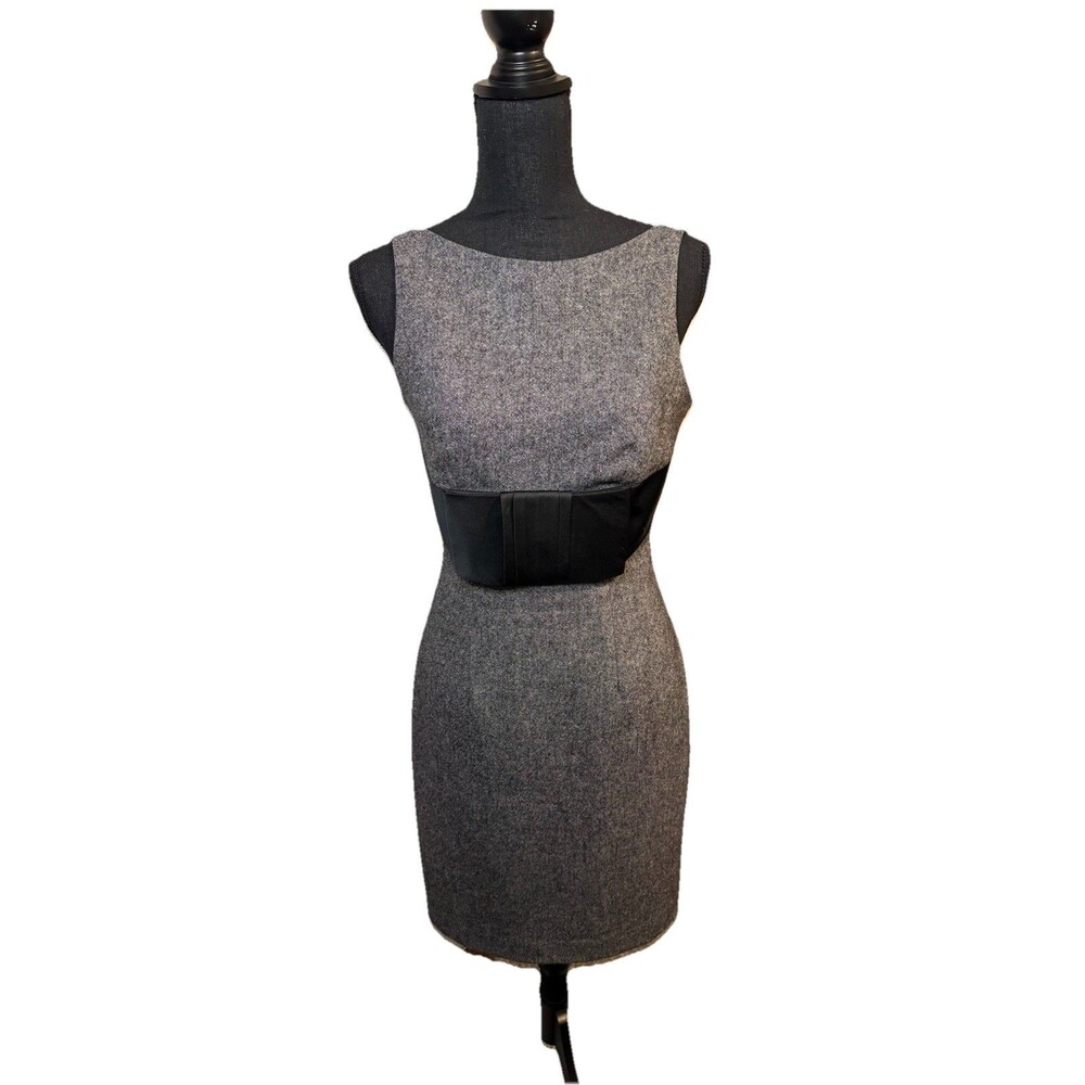 Tara Subkoff for Bebe Gray Tweed Sheath Dress Black Satin Waist Sz 6 Y2K Bebe